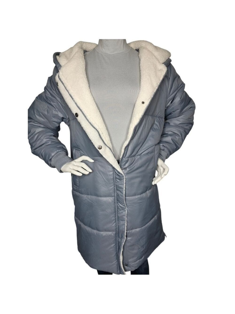 Grace & Lace Longline Hooded Sherpa Puffer Silver Blue Large NWT